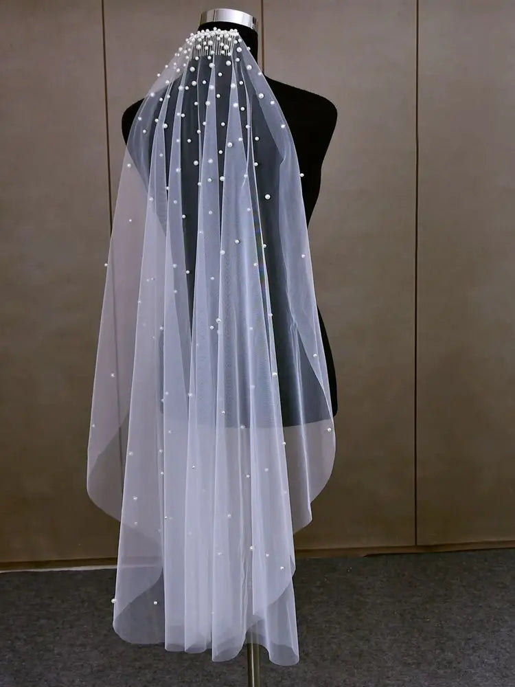 Lovely Pearl Beaded Soft Bridal Veil