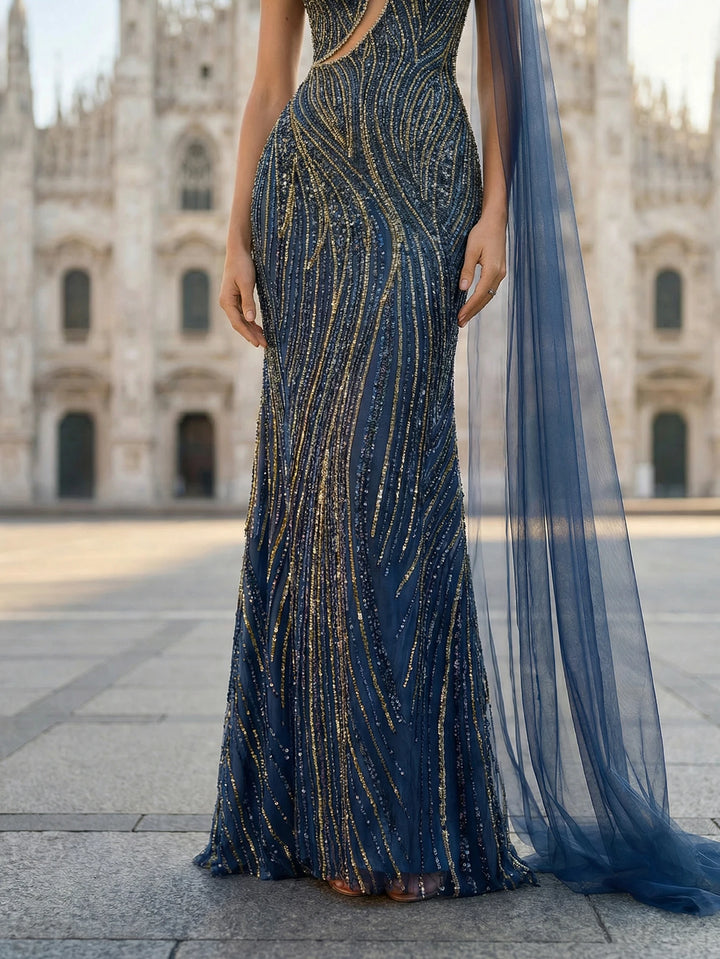 Glamorous Cape Cut-out Formal Evening Gown
