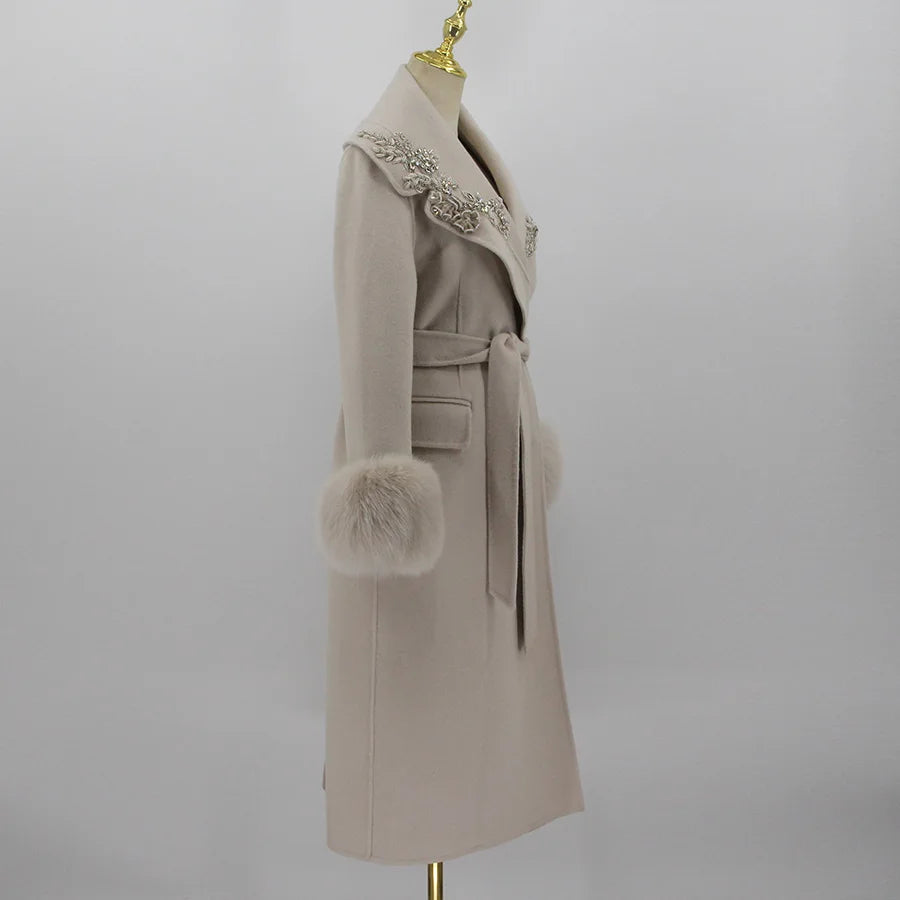 Stylish Cuffs Fur Cashmere Long Coat