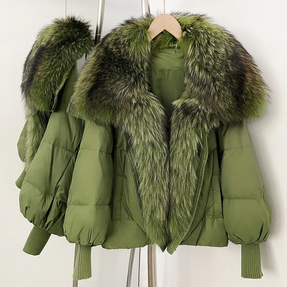 Green puffer coat with oversized green faux-fur collar and front zip, rib-knit cuffs