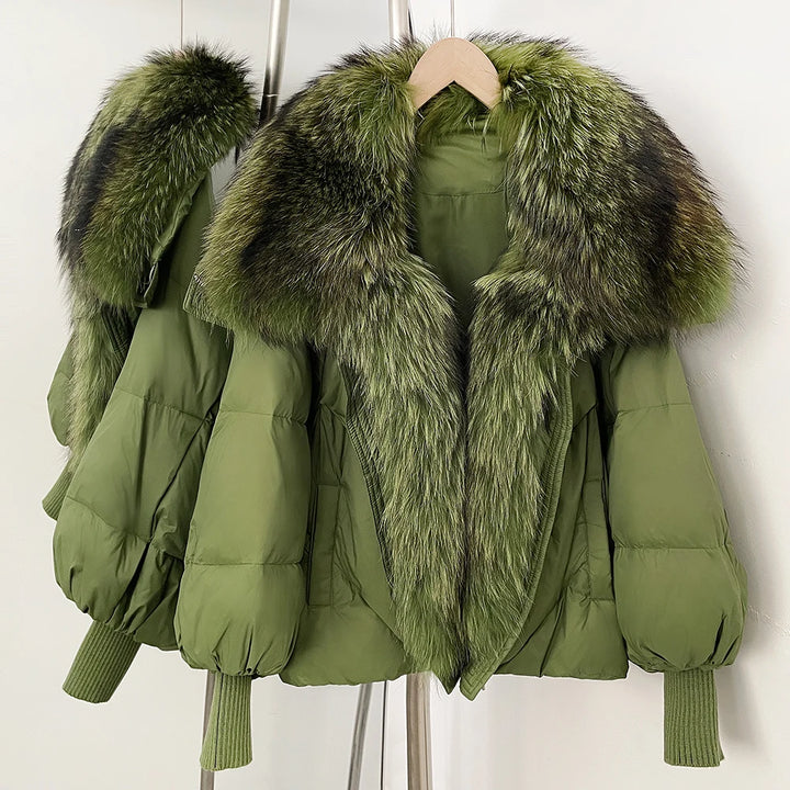 Green puffer coat with oversized green faux-fur collar and front zip, rib-knit cuffs