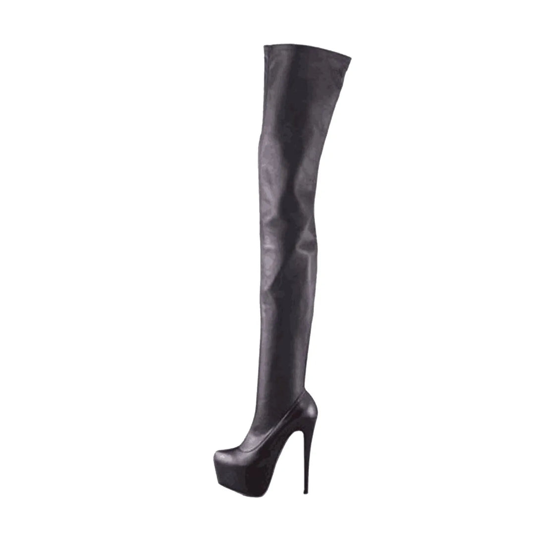 Black thigh-high pull-on boots with stiletto heel and pointed toe