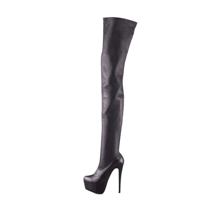 Black thigh-high pull-on boots with stiletto heel and pointed toe
