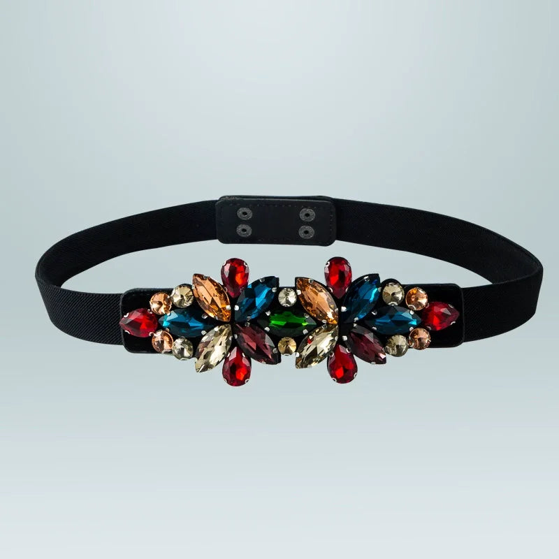 Rhinestone corset waist belt with black strap and multicolor floral stone centerpiece