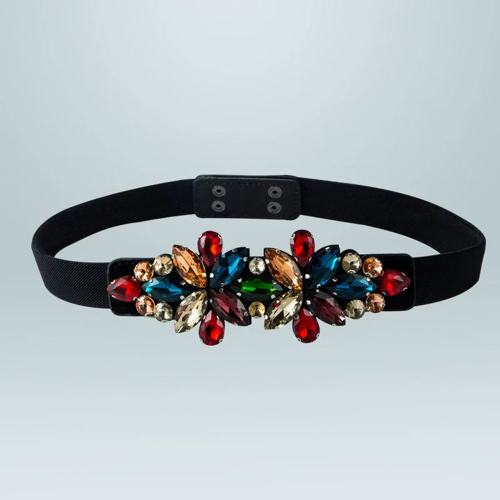 Rhinestone corset waist belt with black strap and multicolor floral stone centerpiece