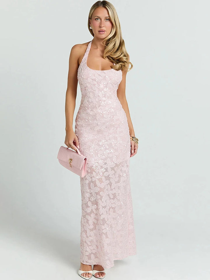 Pink sequin bodycon gown with 3D floral pattern, spaghetti straps, floor length
