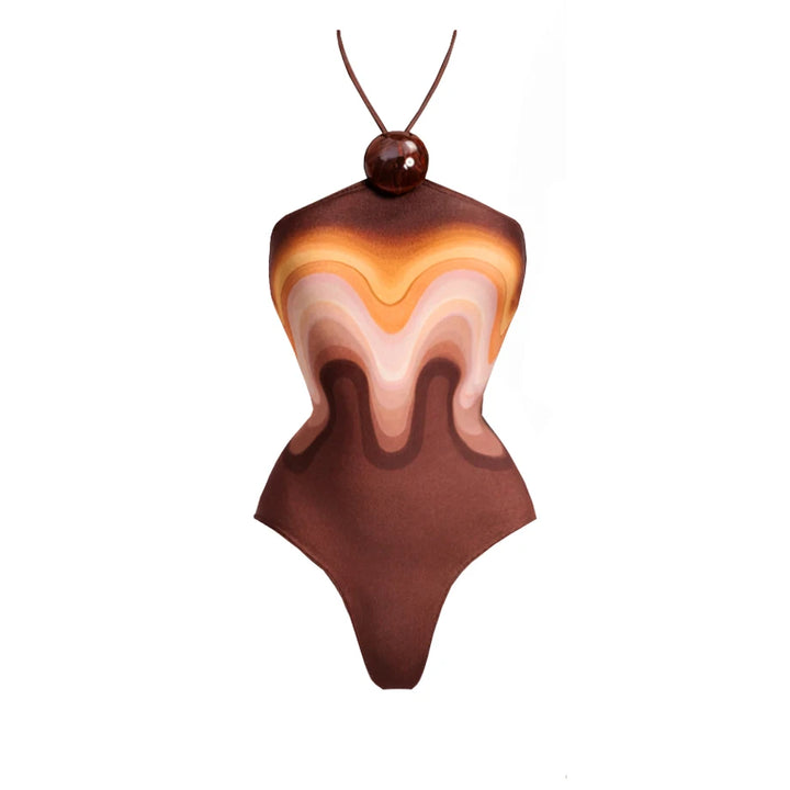 Brown wave-pattern halter one-piece swimsuit with high-cut legs and neck tie