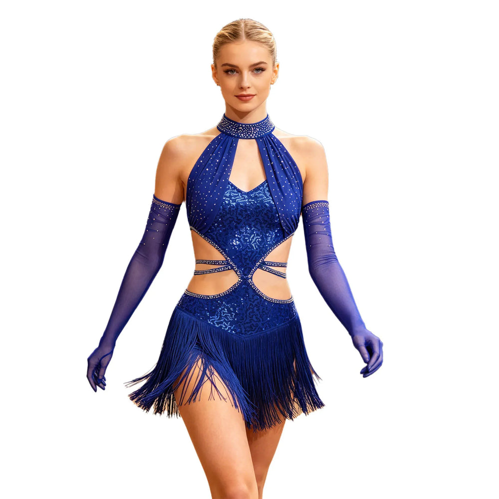 Royal blue halter dance dress with glitter bodice and long fringe tassel skirt