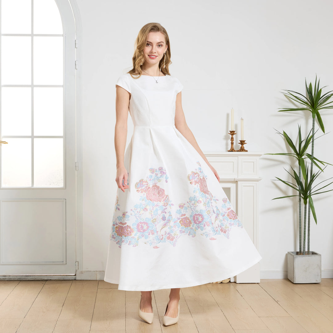 White A-line prom dress with pastel floral skirt, short sleeves, and flared fit