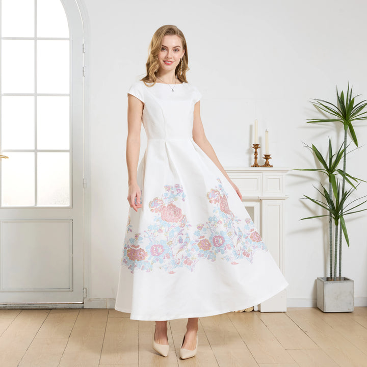 White A-line prom dress with pastel floral skirt, short sleeves, and flared fit
