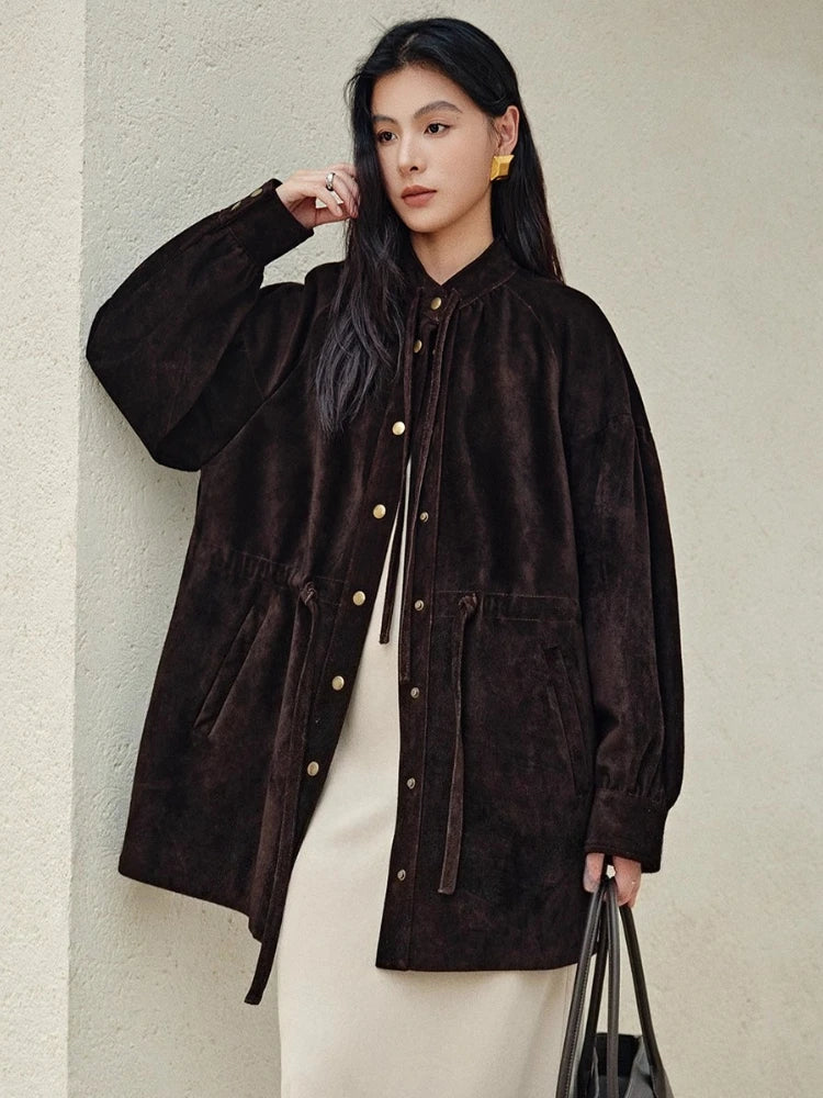 Mid-length hooded dark brown leather jacket with gold buttons and drawstring hem