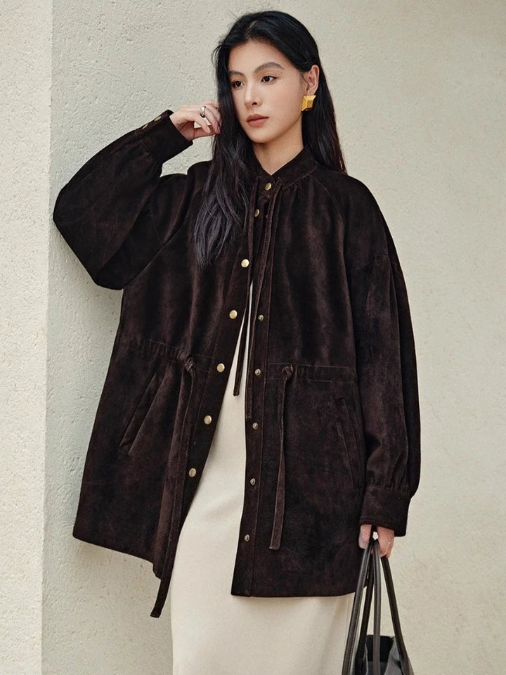 Mid-length hooded dark brown leather jacket with gold buttons and drawstring hem