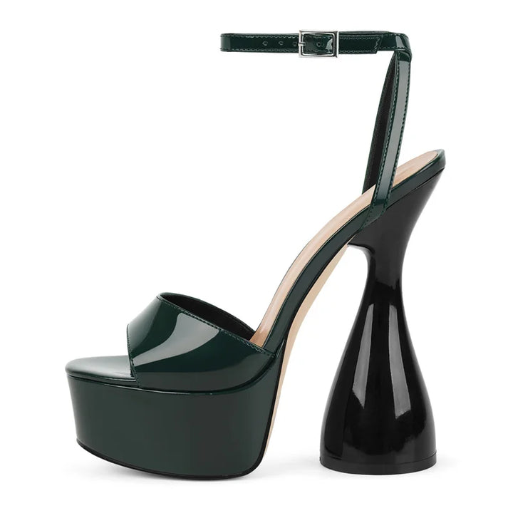 Open-toe spike-heel sandals in dark green with platform sole and ankle strap, glossy heel