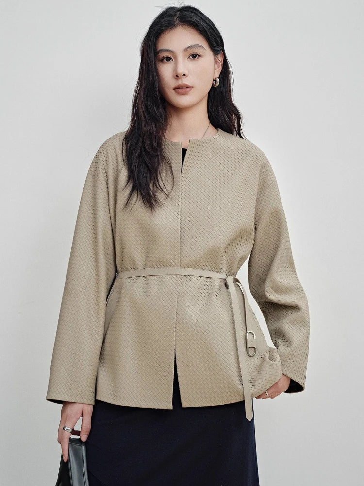 Beige woven leather-look belted jacket with notch collar and front zip