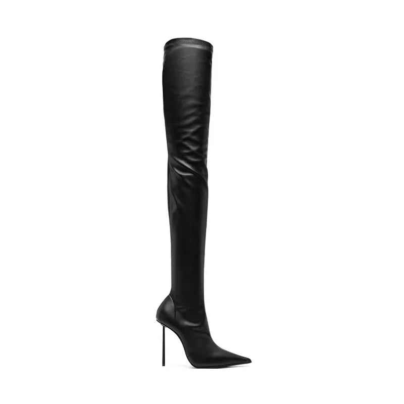 Black over-the-knee heeled boot with glossy finish and stiletto heel, front view