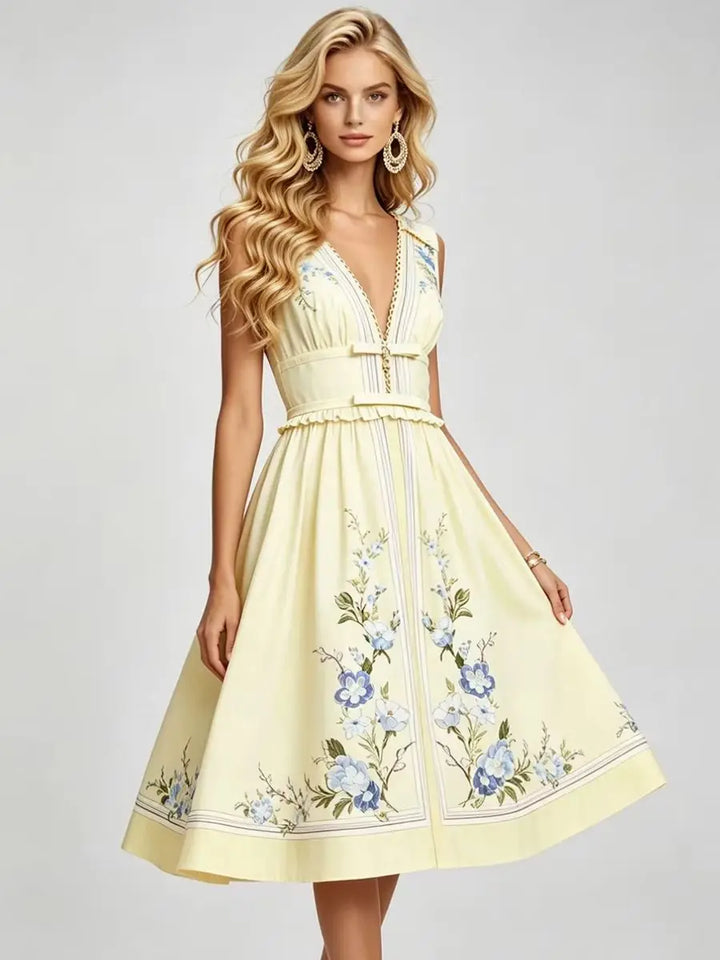 Light yellow floral midi dress with V-neck and ruffled trim, fitted waist, A-line skirt