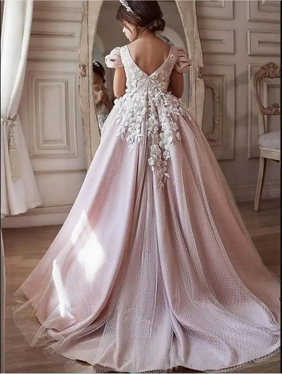 Elegant 3D Floral Appliques Girl's Dress