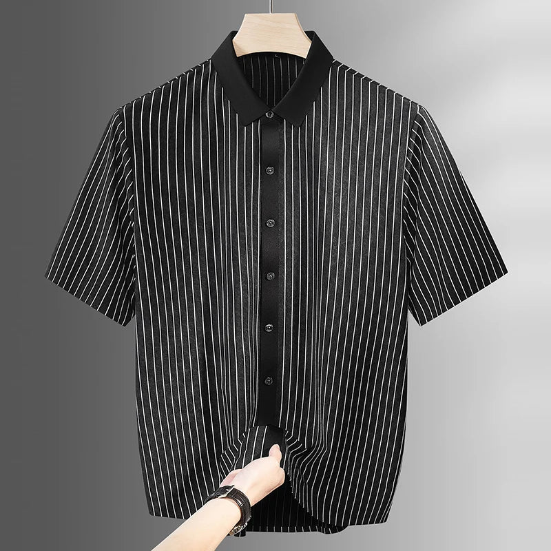Black striped short-sleeve button-up shirt with spread collar on a wooden hanger