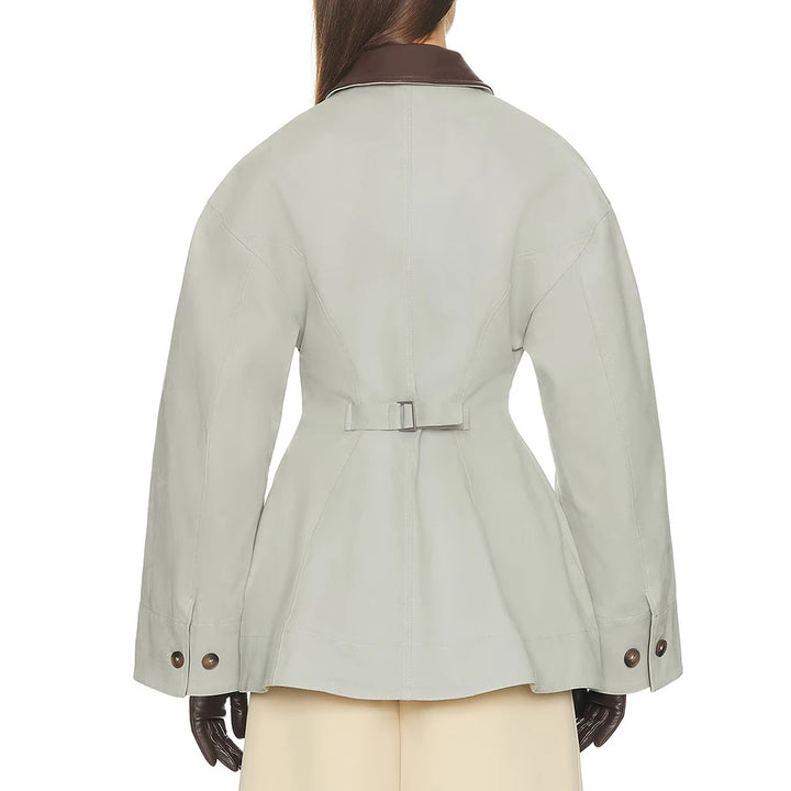 Women’s sage green zip-back lapel jacket with back tab and brown collar