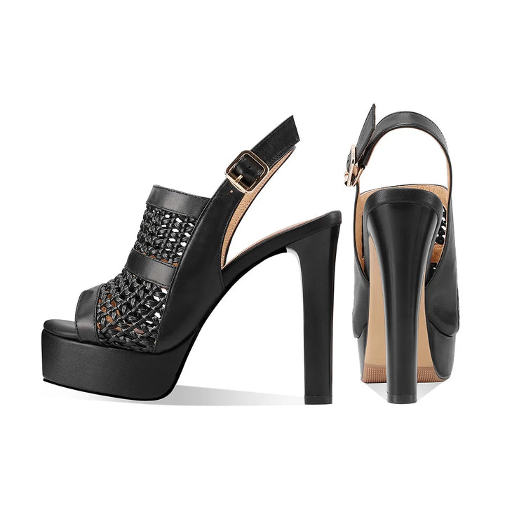Black woven peep-toe platform high heels with slingback strap and gold buckle