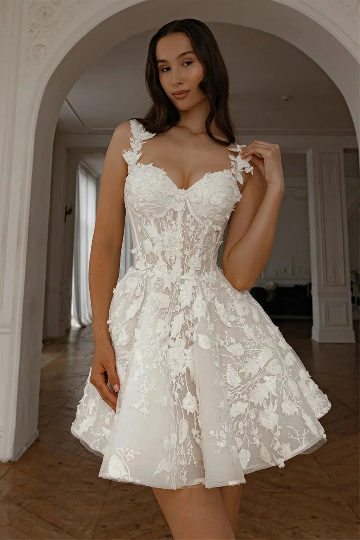 Refined 3D Floral Lace Mini Wedding Dress