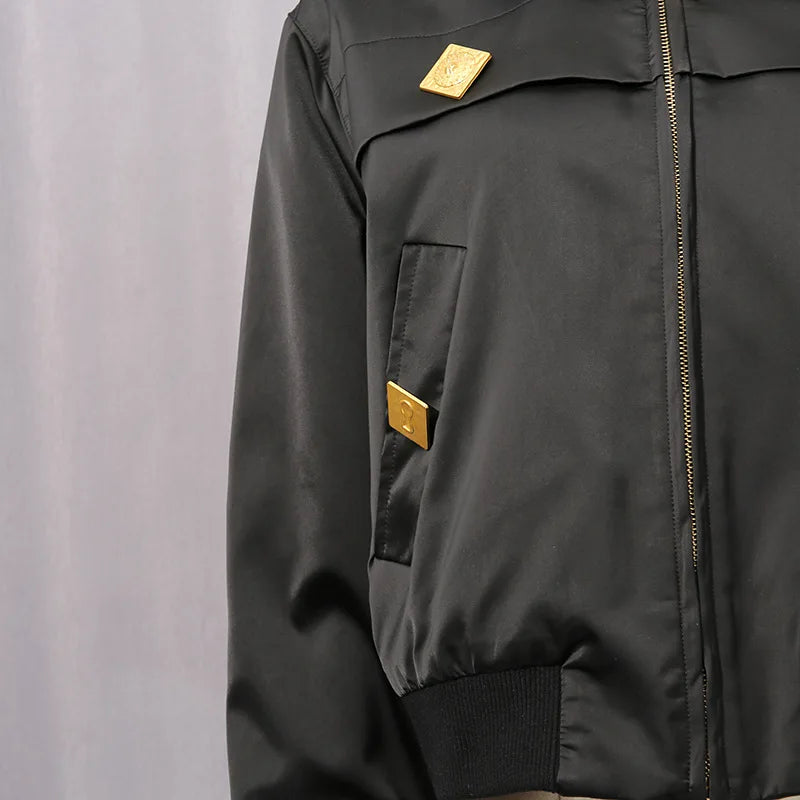 Women’s spliced fashion coat, black, gold zipper, flap pocket with gold button detail