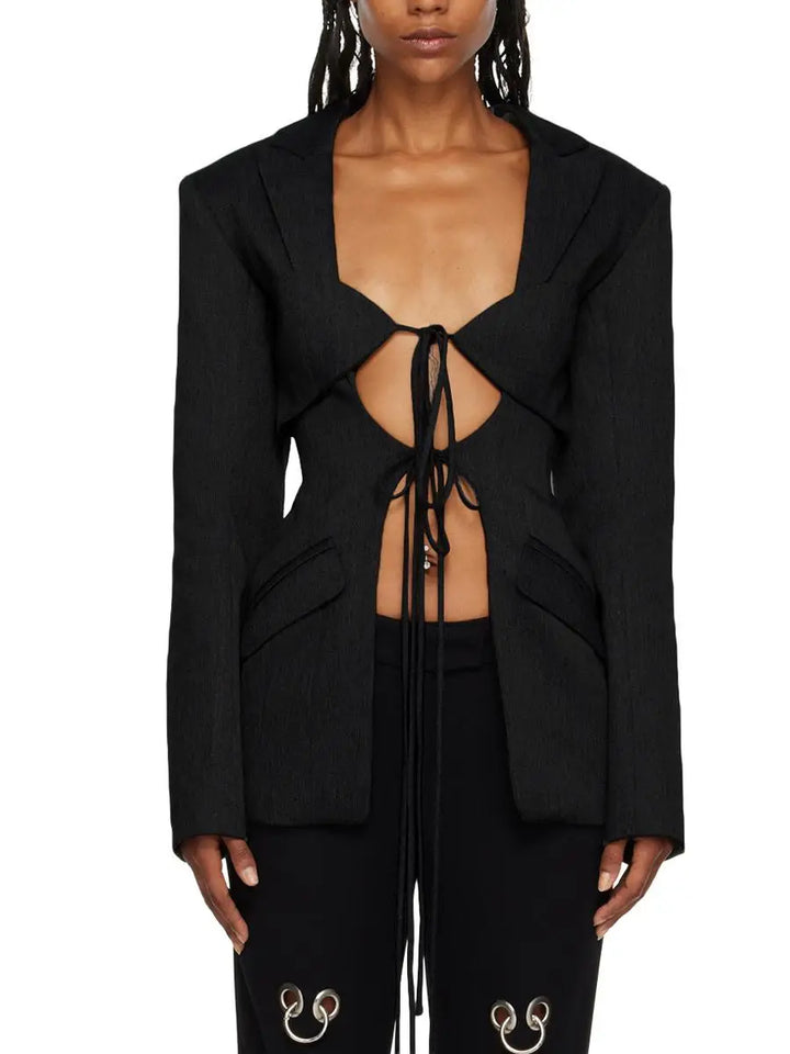 Black blazer with lace-up front cutout and structured long sleeves