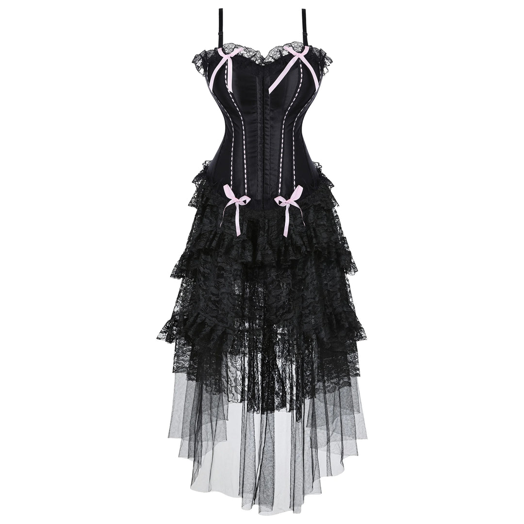 Black corset dress with black layered skirt and sheer tulle hem, pink bow trim