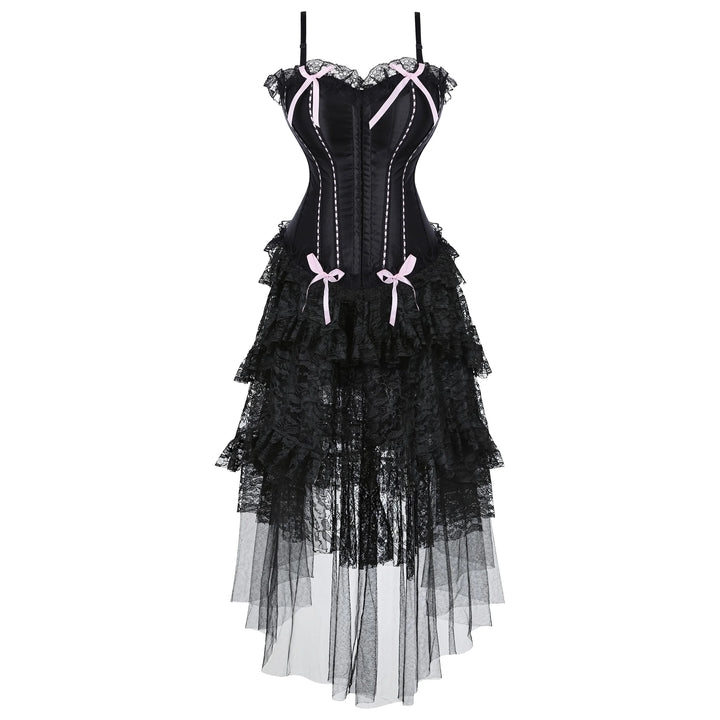 Black corset dress with black layered skirt and sheer tulle hem, pink bow trim