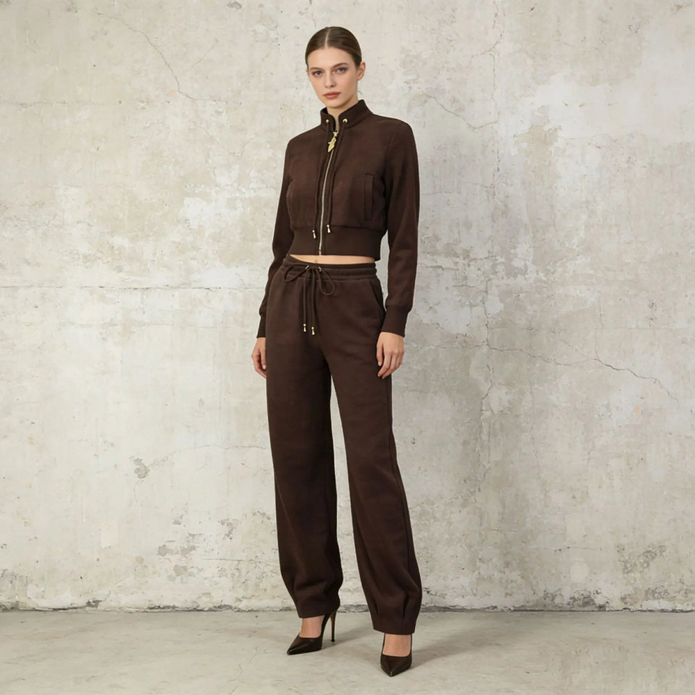 Coffee-brown two-piece tracksuit outfit: zip jacket with matching drawstring joggers