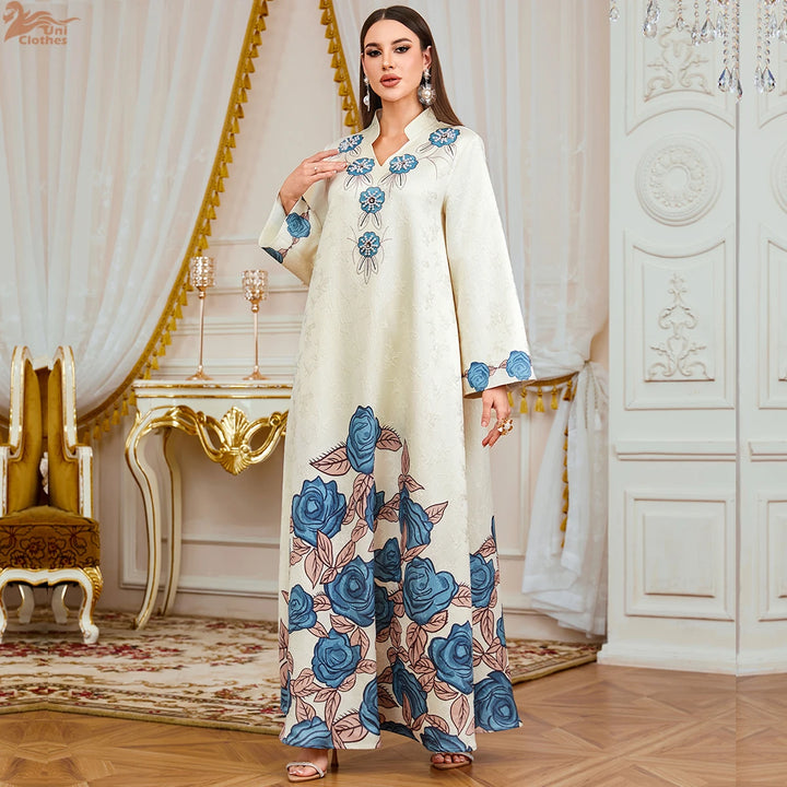 Attractive Floral Print Moroccan Abaya Dress