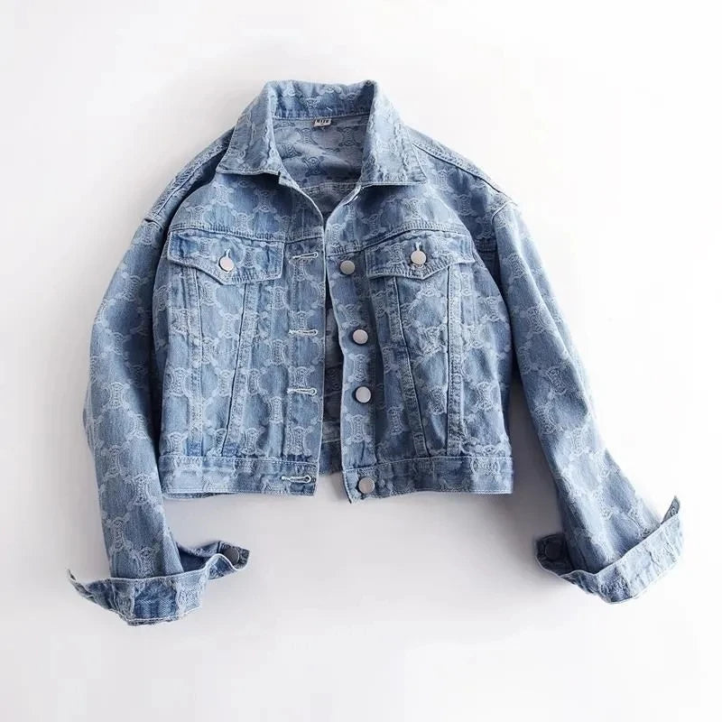 Sleek Jacquard Embroidery Denim Jacket