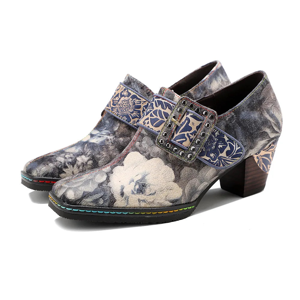 Women’s genuine leather dress pumps, gray floral print with blue buckle strap and block heel