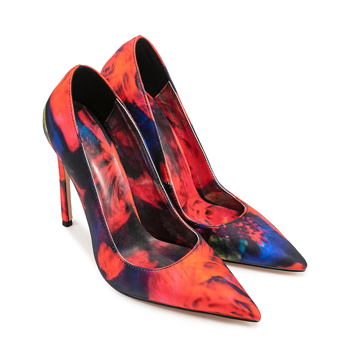 Women’s high heel pumps, pointed toe, multicolor patchwork print, red stiletto heels