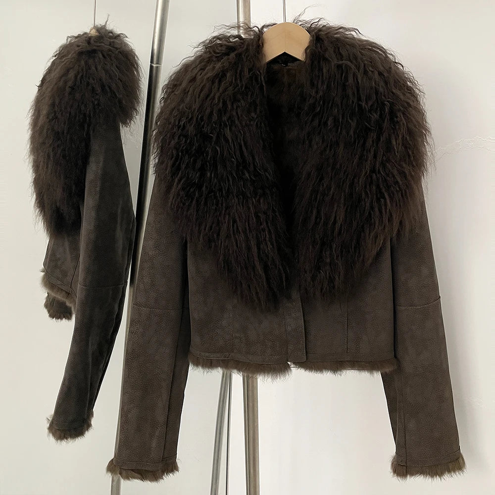Dark brown suede wool fur coat with fur-trimmed sleeves and cuffs