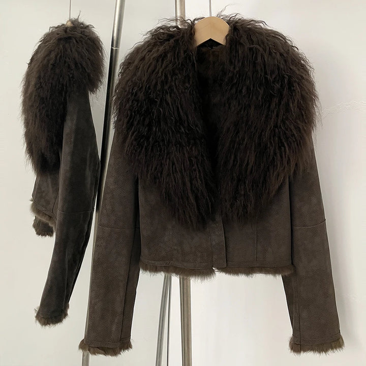 Dark brown suede wool fur coat with fur-trimmed sleeves and cuffs