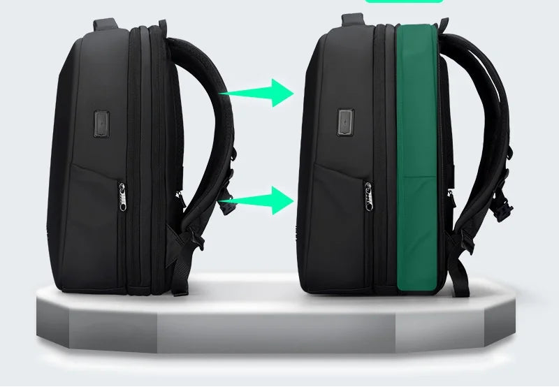 Expandable backpack showing 20L to 26L size increase by 5 cm