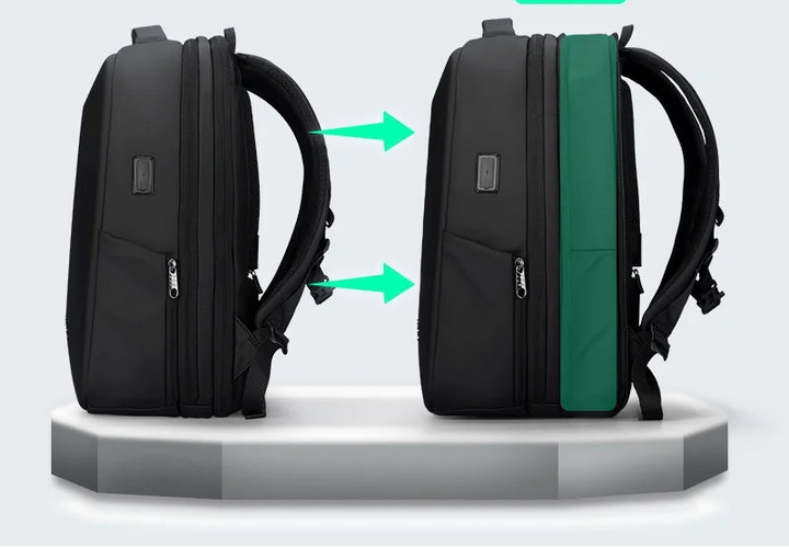 Expandable backpack showing 20L to 26L size increase by 5 cm