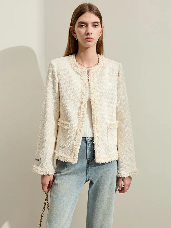 Tassel Crewneck Chambray Tweed Short Jacket