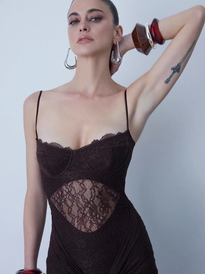 Regal Mesh Floral Lace Draped Dress