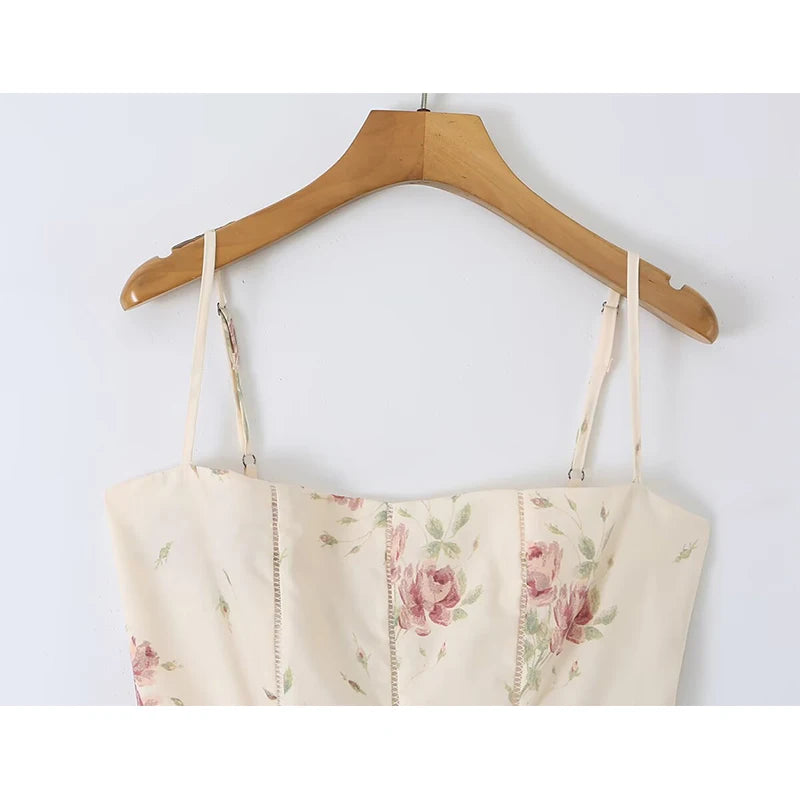 Cream floral maxi dress bodice with spaghetti straps and gathered neckline