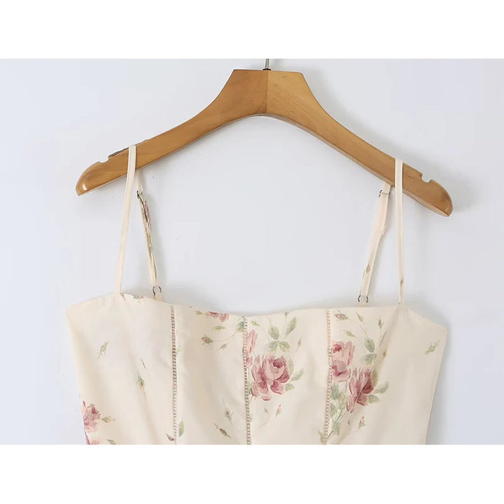 Cream floral maxi dress bodice with spaghetti straps and gathered neckline