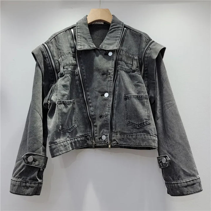 Trendy Multi-zipper Short Denim Jacket