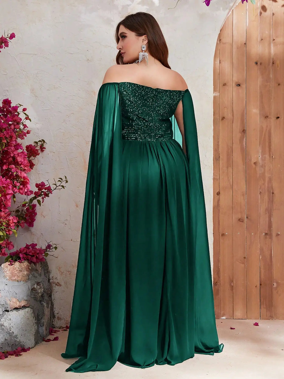 Cape Sleeve Sequined Evening Dress