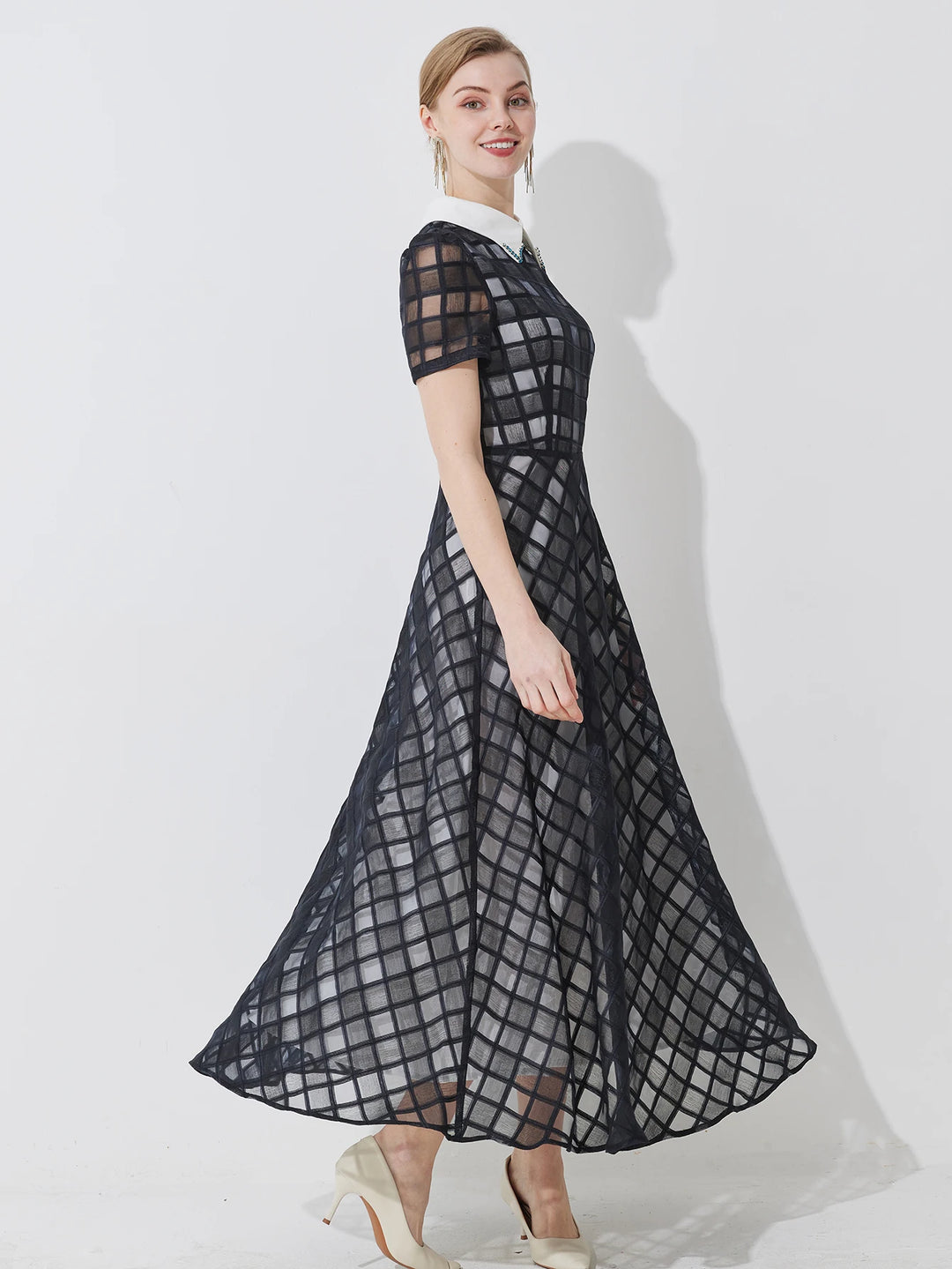 Lovely Checkered net-sheer Fitted Dress
