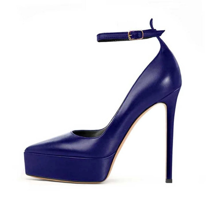 Blue high heel pump with ankle strap buckle, chunky platform and tall stiletto heel