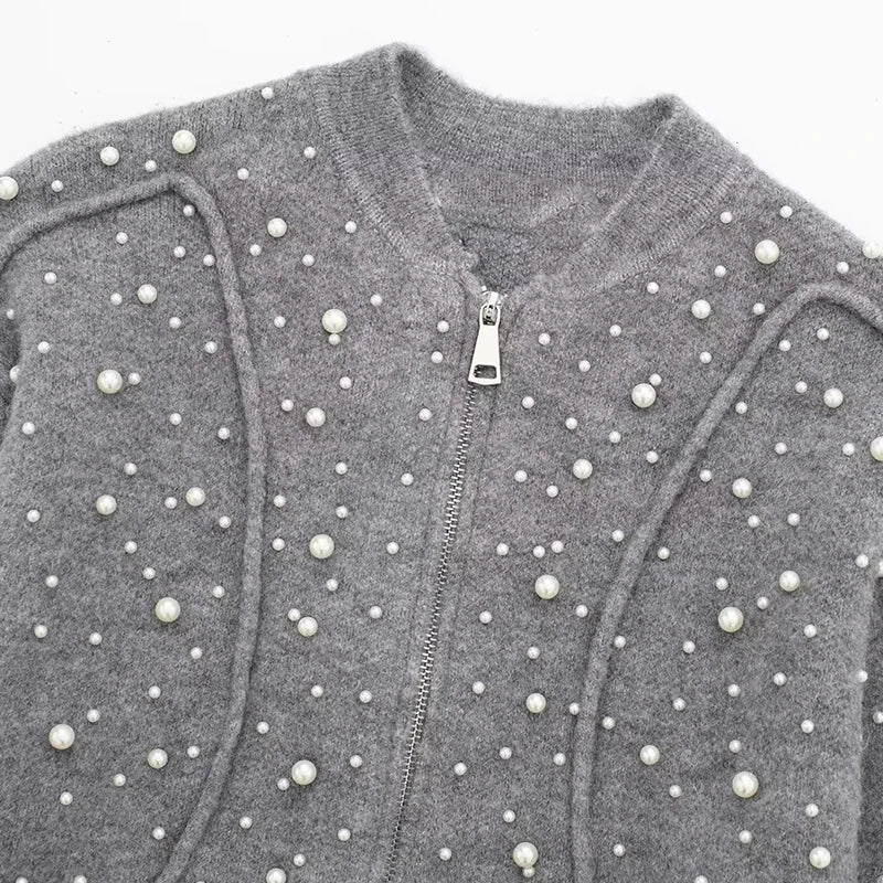 Sleek Pearl-Knit Cardigan Sweater