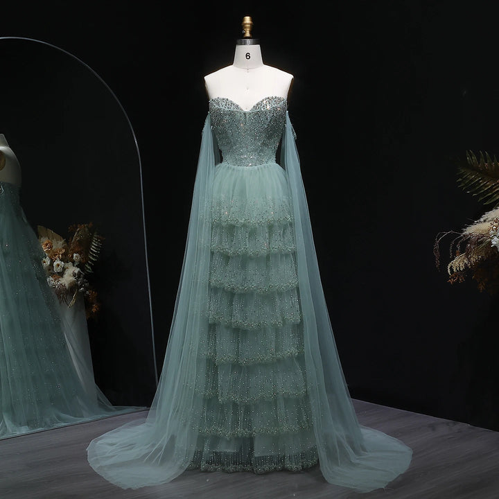 Charming Beaded Tiered Arabic Evening Gown