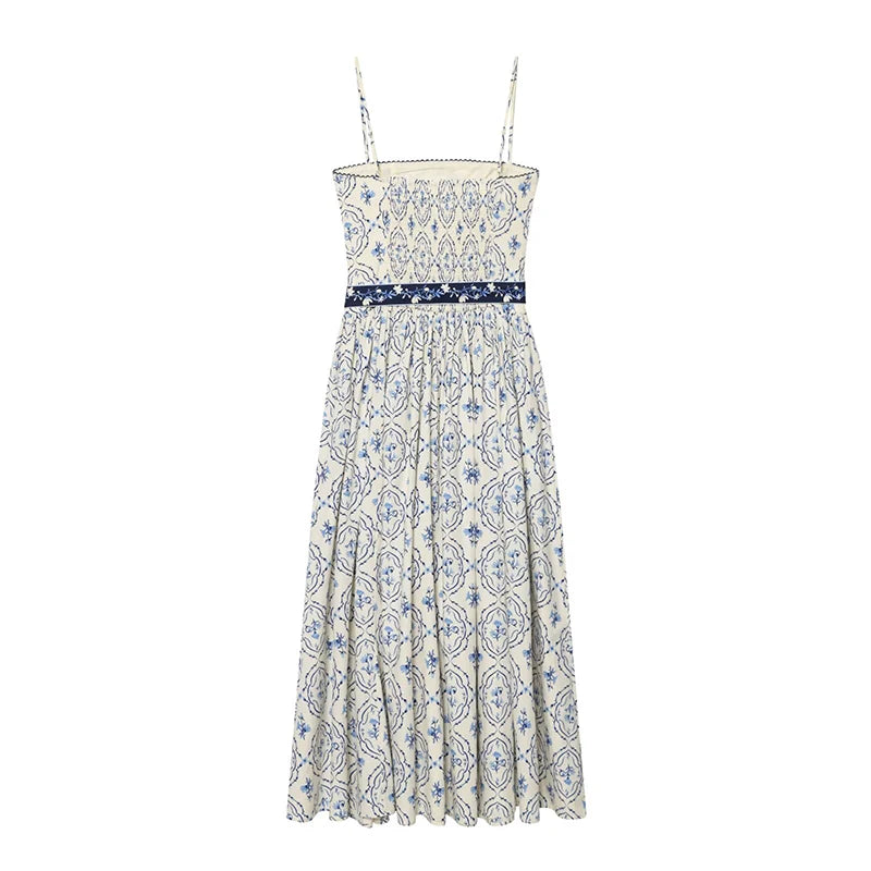 Floral print women's sash belt dress, light white base with blue ornament pattern