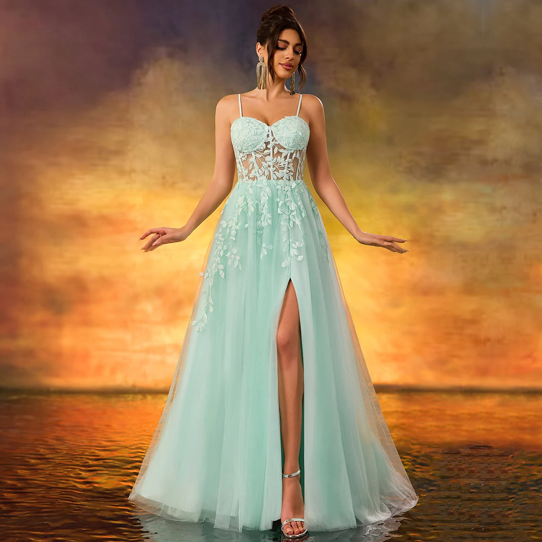 Delicate High Slit Lace Tulle Prom Gown